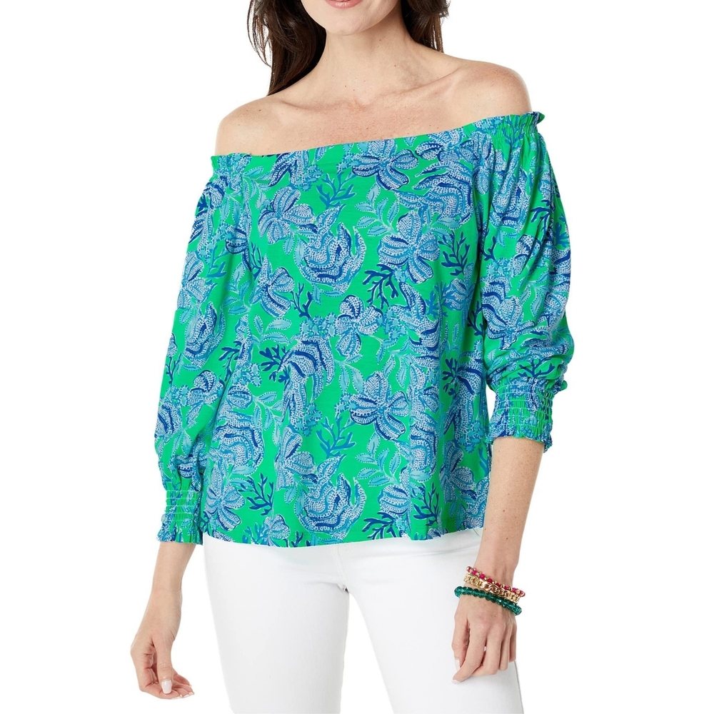 Lilly Pulitzer Lessa Off‎ The Shoulder Printed Cotton Blouse Cabana Green